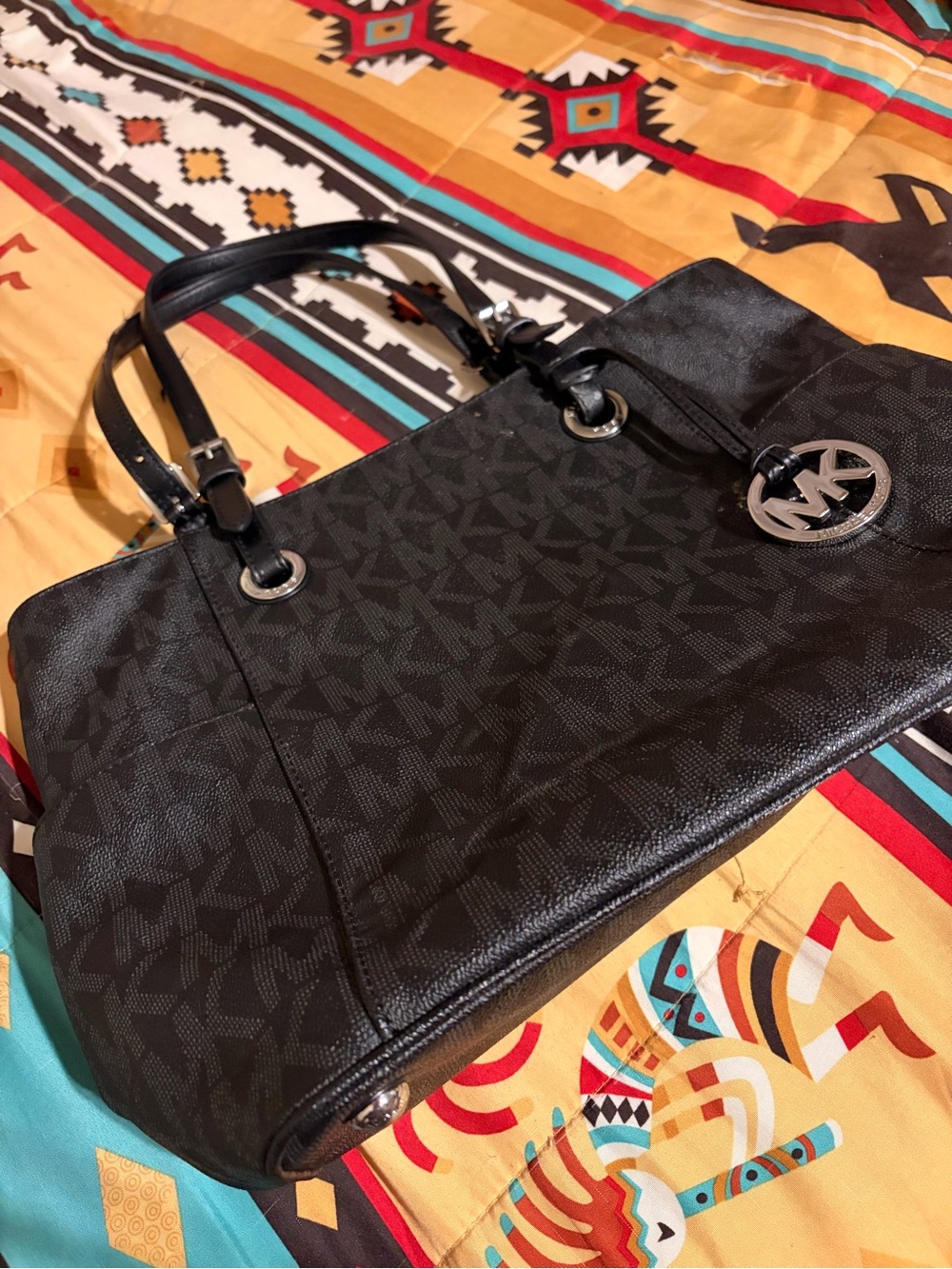 Michael Kors Black Monogram Tote with Silver MK Charm